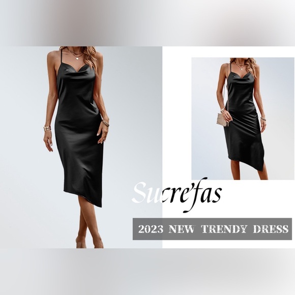 Sucrefas Women's Spaghetti Strap Dress Satin Sleeveless Cowl Neck - Picture 1 of 11